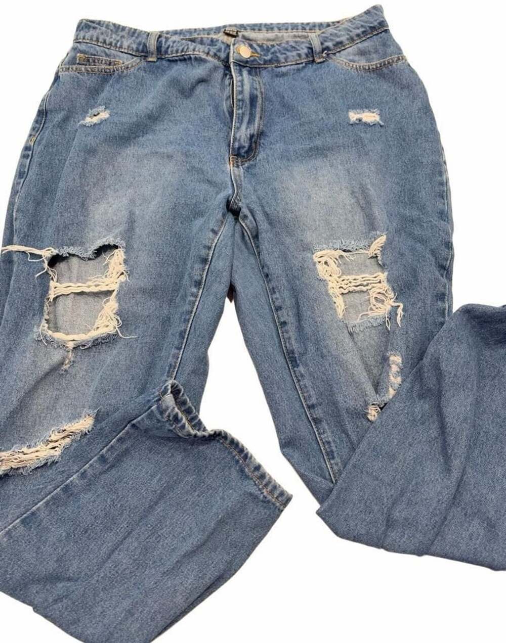 Shein Jeans Women XXL Distressed Blue Denim Tapered High Rise Pockets Casual Mom